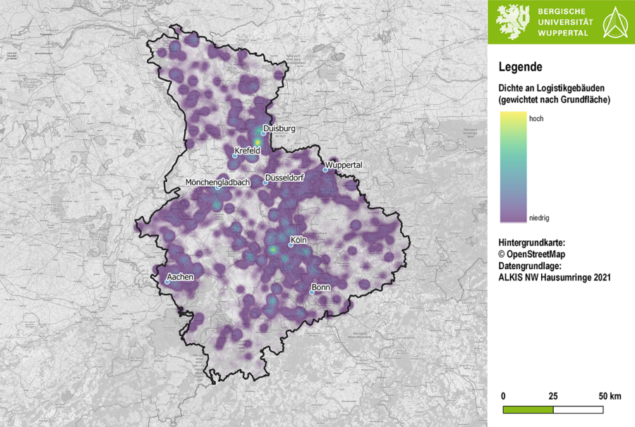 Karte der Dichte von Logistikgebäuden in der Metropolregion Rheinland